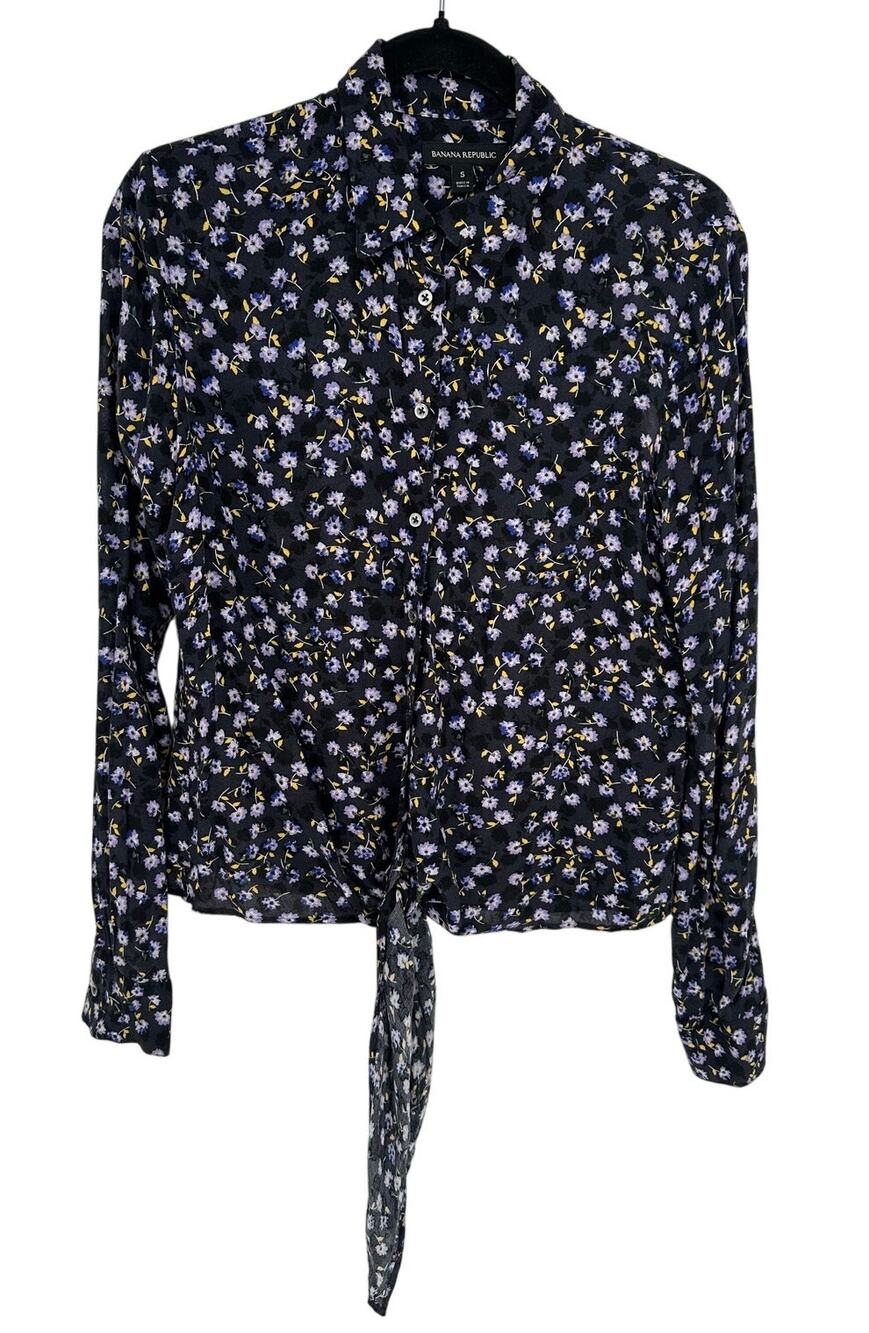Banana Republic Blouse S Blue Purple Floral Tie Waist Long Sleeve‎ Collared Top